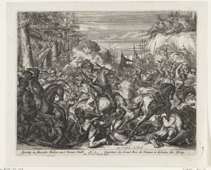Kamp mellem Habsburgere og tyrkere i Wienerskoven Åbning og tæsk af tyrkerne aent Weener Wald (titel på objektet) af Romeyn de Hooghe