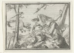 Titelblad til pjecen: De Geplukte Tapoeijer, 1702 De Plukte Tapoeijer (titel på objekt) Esopus in Europe (serietitel) af Romeyn de Hooghe
