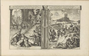 Tribunaal i Perzie; Khoikhoi i Guineers Persernes domstol // Hottentots in Guineesche / Hottentots and Inhabitants of Guinea (titel på objektet) Øst- og Vestindien og andre steder (serietitel) af Romeyn de Hooghe