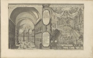 tyrkisk moské i Konstantinopel; Keizerlijkhof i Kina Turksche håner van binnen / Det indre af S. Sophia-moskeen, i Konstantinopel // Kinesisk Hof Pomp / Magnificience of the Court of Emp. fra Kina. (titel på objekt) Ostindien og O af Romeyn de Hooghe