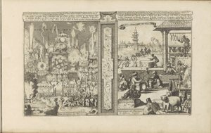 Vuurwerk i musik Konst vyeren / Tartarernes fyrværkeri // Musick en Speelinstrumenten / Musical Instrument of Different Peoples (titel på objekt) Øst- og Vestindien og andre steder (serietitel) af Romeyn de Hooghe
