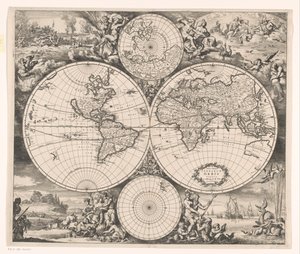 Verdenskort med en allegori over de fire elementer Nova totius terrarum orbis tabula (titel på objekt)
