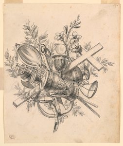 Tegning, trofæ med symboler for dyderne, 1830-1850 af Romolo Achille Liverani