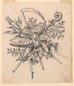 Tegning, Trofæ med bevinget timeglas, 1830-1850 af Romolo Achille Liverani