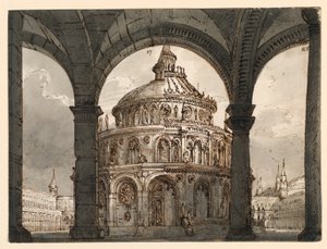 Scenedesign, Atrium med Hospitallernes Tempel til Operaen "La Straniera" af Vincenzo Bellini af Romolo Achille Liverani