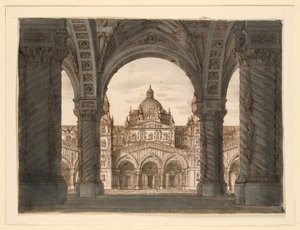 Scenedesign, kirkefacade fra en loggia, I due Valdomiri af Felice Romani, musik af Pietro de Winter. Opført på La Scala, Milano, 1818 af Romolo Achille Liverani