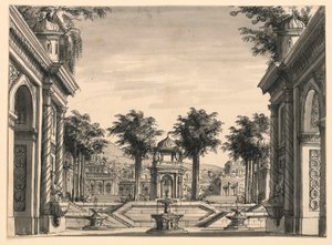 Scenedesign, Indian Palace Garden til balletten "Djengis Khan" af Luigi Henry af Romolo Achille Liverani