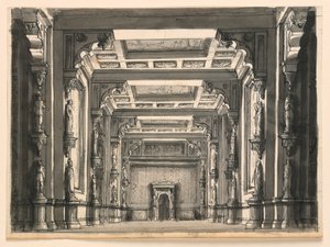 Scenedesign, interiør af Gothic Hall af Romolo Achille Liverani