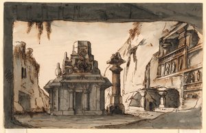 Scenedesign, orientalske bygninger midt i huler og klipper af Romolo Achille Liverani