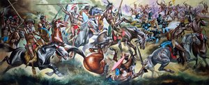 Kamp mellem indianere og soldater (gouache på papir) af Ron Embleton