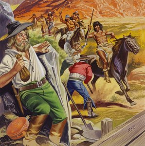 Jacob Waltz og hans ven bliver angrebet af Apache-indianere (gouache på papir) af Ron Embleton