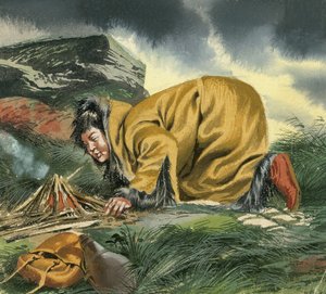 Marco Polo, sammenkrøbet over et bål af Ron Embleton