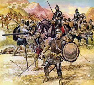 Mexico, spanierne samler en ekspedition for at finde en gylden by mod nord (farvelitografi)