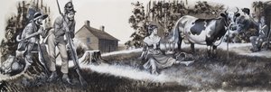 Mælkepige med soldater (gouache på papir) af Ron Embleton