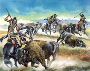 Indianere dræber amerikansk bison (gouache på papir) af Ron Embleton