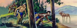 Indianere på jagt efter en elg (gouache på papir) af Ron Embleton