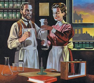 Pierre og Marie Curie i deres laboratorium i Paris (farvelitografi)
