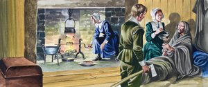 Pilgrimsfædrene i halvbyggede huse af Ron Embleton