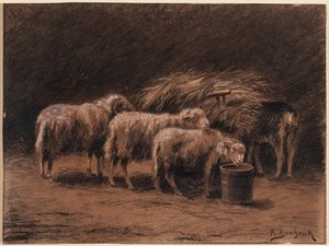 Et par får og en vædder i en stald af Rosa Bonheur