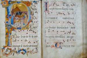 Korbog "D", vist i katedralen i Santo Stefano: en historisk initial, der skildrer fødselaren, ca. 1429-35