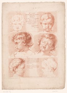 Titeltryk med seks børnehoveder, heraf to i skematisk fremstilling Principper for at tegne fra naturen, del tre (serietitel) IIIe Cahier de Principes du Design d