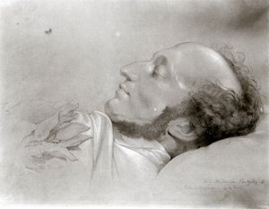 Felix Mendelssohn (1809-47) på sit dødsleje, c.1847 af Rudolf Julius Benno Huebner