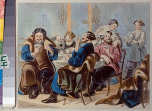 Te og sukker. Tedrikning i et værtshus par Zhukovsky, Rudolf Kasimirovich (1814-1886), Første kvartal af 1800-tallet. - Litografi, akvarel - Statens historiske museum, Moskva af Rudolf Kasimirovich Zhukovsky