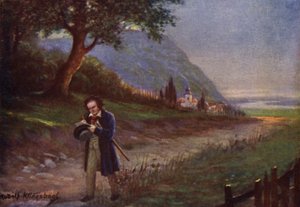 Beethoven på sin morgenvandring i Wien-forstaden Kahlenbergerdorf (farve litho)
