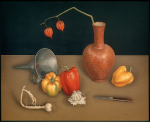 Stilleben med peberfrugt (kniv, vase, lanterneblomst)