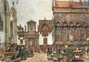 Det indre af Basilica di Santa Maria Gloriosa dei Frari i Venedig med bønner i korstolene af Rudolf von Alt
