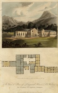 Udsigt og plan for Longwood House, St. Helena: Napoleon Bonapartes residens, 1817