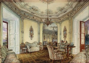 Indvendig udsigt af salonen på et slot i Obertwaltersdorf; Indvendigt billede af en salon i Obertwaltersdorf Slot, af Rudolf von Alt