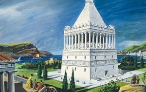 Mausoleet i Halikarnassos, færdiggjort i 353 f.Kr. (gouache på papir) af Ruggero Giovannini