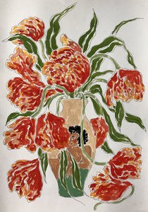 Farvestrålende tulipaner i en vase af Rushati Chowdhury
