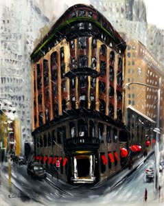 Sne i New York City Wall Street, 2021 (olie på lærred) af Ruslana Levandovska