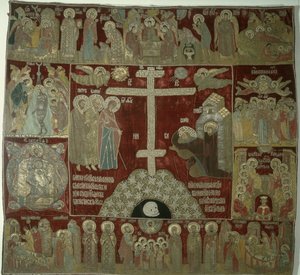 Jomfruens udseende til St. Sergius, 1525 (guld, sølv og silketråd, prydet med perler og rubiner i guldbeslag) af Russian School