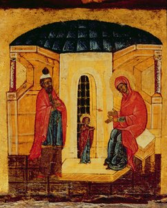 Ikon, der forestiller Jesus i templet, ca. 1550 (tempera & bladguld på panel) (detalje af 314500) af Russian School