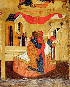Ikon, der skildrer mødet ved Den Gyldne Port, ca. 1550 (tempera & bladguld på panel) (detalje af 314500) af Russian School