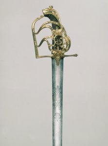 Officersbredsværd indgraveret med en dobbelthovedet ørn med figuren af St. George under den kejserlige krone, fæstet dekoreret med monogram af Catherine II 1729-96), Rusland, 1700-tallet (stål, brons