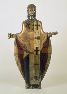 Statue af St. Nicholas af Mozhaisk, russisk, slutningen af det 16. århundrede (træ, ornamenteret brokade, gesso, tempera)