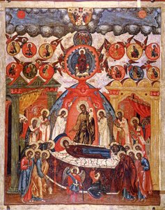 The Dormition, 1700-tallet (tempera på panel) af Russian School