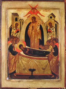 The Dormition of the Virgin (tempera og bladguld på panel) af Russian School