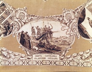 Henrettelsen af den falske Dimitri, detalje fra et sjal, der skildrer historien om den kongelige bedrager (tekstil) af Russian School