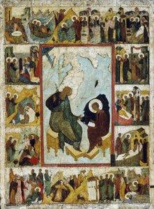 Sankt Johannes evangelisten på Patmos med scener fra hans liv, begyndelsen af det 16. århundrede. af Russian icon.