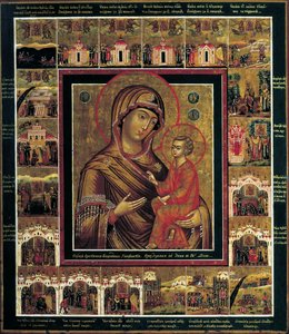 Jomfruen fra Tikhvin med grænsescener, første kvartal af 1800-tallet. af Russian icon.