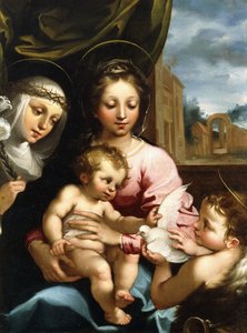 Madonnaen og barnet med spædbarnet Sankt Johannes Døberen og Sankt Katarina af Siena, ca. 1597-1612 af Rutilio Manetti