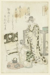 Kvinde, der hænger en rulle af Ryuryukyo Shinsai