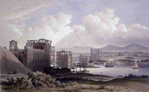 Britannia Tubular Bridge over Menai-strædet, taget under opførelsen i 1848, litografi af Day and Son af S. (after) Russell