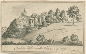 Chartley Castle: sepia-tegning, august 1777 af S Bentley
