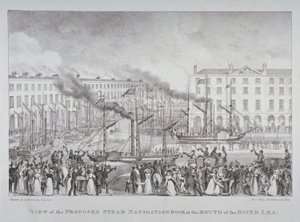 Udsigt over den foreslåede dampnavigationsdok ved mundingen af floden Lea, ca. 1835 af S. Hemming